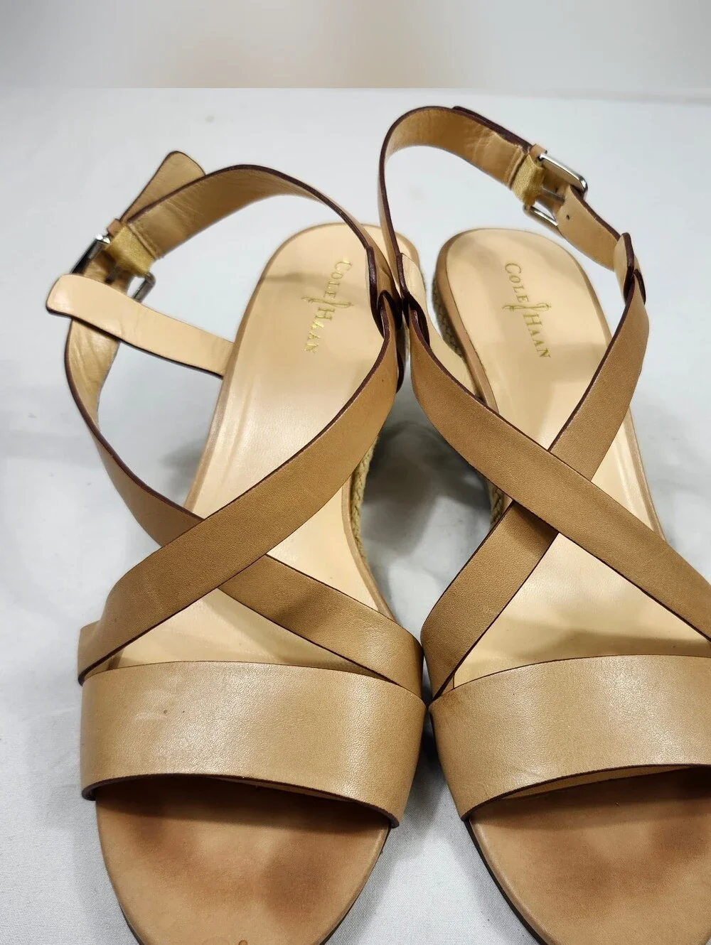 Cole Haan Womens 8.5 B Tan Leather Cross-Strap Wedge Yarn Sandals